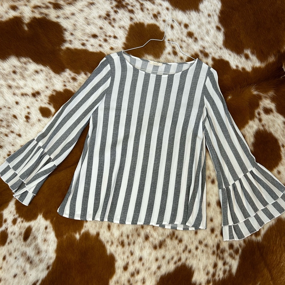 Striped Bell Sleeve Top - Gray and White